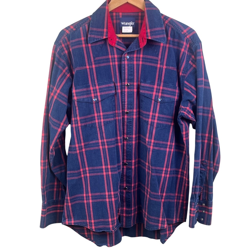 Wrangler Blue Red Plaid Blue Pearl Snap Buttons Long Sleeve Shirt 16 1/2 x 35